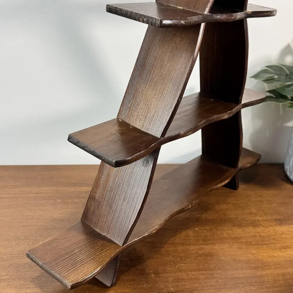 Vintage Wooden Display Shelf Tiered Dark Brown Decor Taiwan Triangle Wood